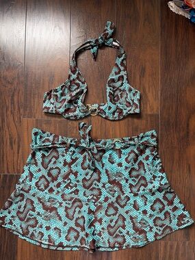 Aqua Brown & Turquoise Halter Bikini Top with Matching Skirt